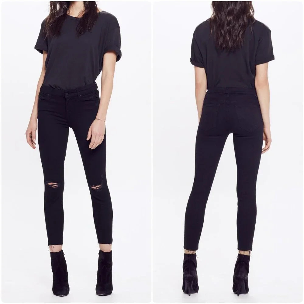 NWT Mother The Looker Ankle Fray Guilty As Sin Distressed Black Skinny Jeans 24